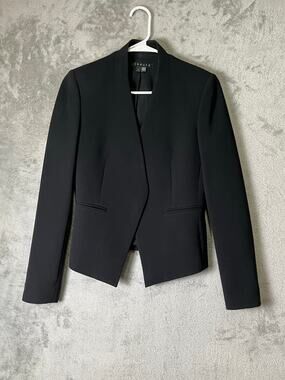 Theory Lanai Blazer Black Admiral Crepe Open Front Minimalist Workwear Size 2